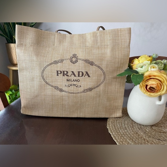 PRADA Raffia Logo Tote Bag. - Picture 2 of 15